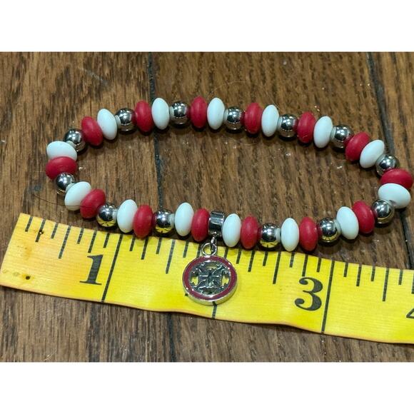 Rustic Cuff Red, White , & Silver Beads Stretch Bracelet Stackable logo charm - Picture 4 of 12